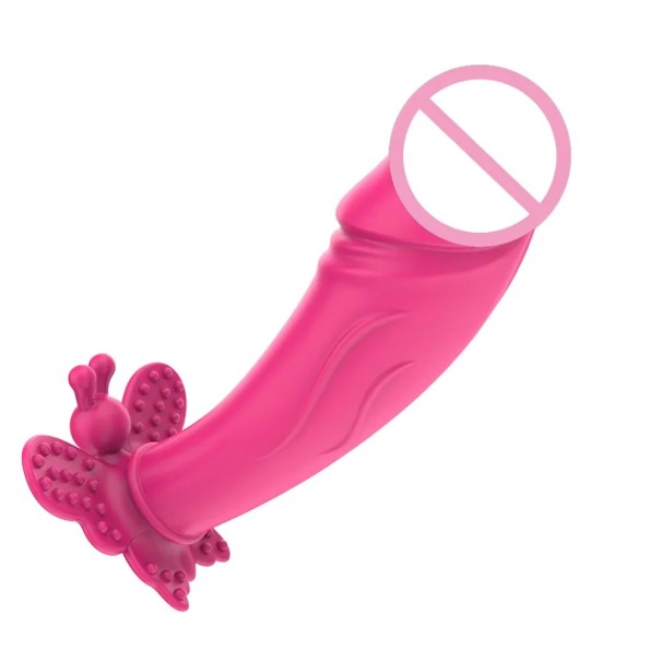 Roze vibrator in de vorm van een realistische penis met een stimulerende vlinder, discrete verpakking 1