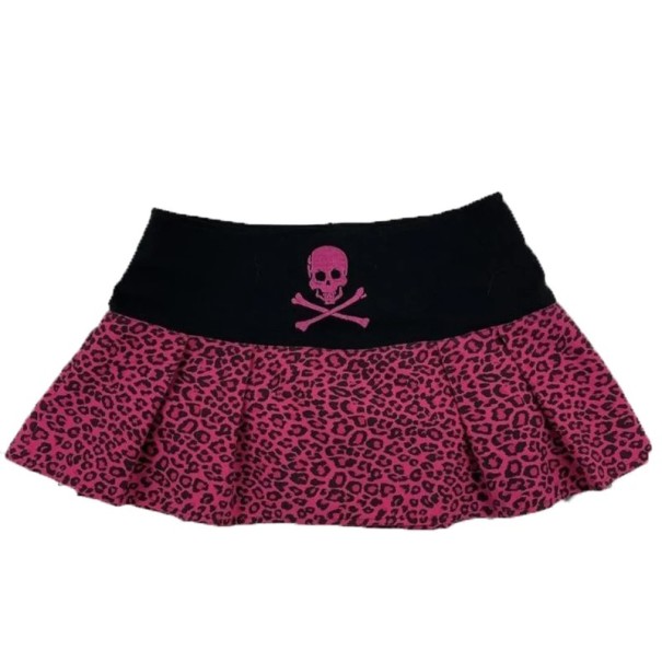 Różowa mini spódniczka z nadrukiem w panterkę i czaszką Rock Punk Style krótka spódniczka dla kobiet Wyrazisty nadruk Streetwear Festival XS
