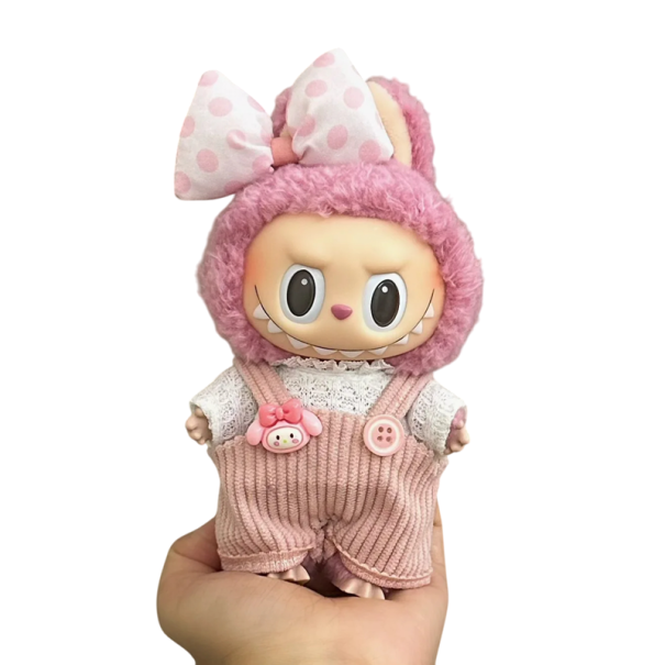 Rózsaszín jelmez Labubu figurának masnival Stílusos kiegészítő gyűjthető figurákhoz Babáknak való jelmez Aranyos ruhák 15-17 cm-es Labubu figurához 1