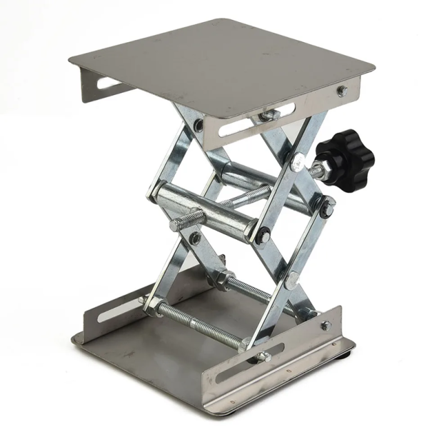 Rozsdamentes acél emelőplatform 10 x 10 cm Állítható magasság 4,5–15 cm Stabil talp Fa megmunkálásához Laboratóriumi használatra 1