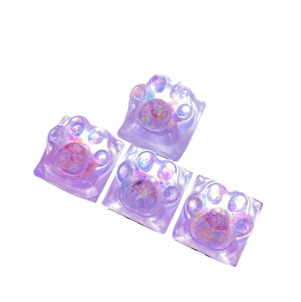 Roztomilé krytky kláves s kočičou tlapkou 4 ks plastové priehľadné trblietavé keycaps pre mechanickú hernú klávesnicu set fialová