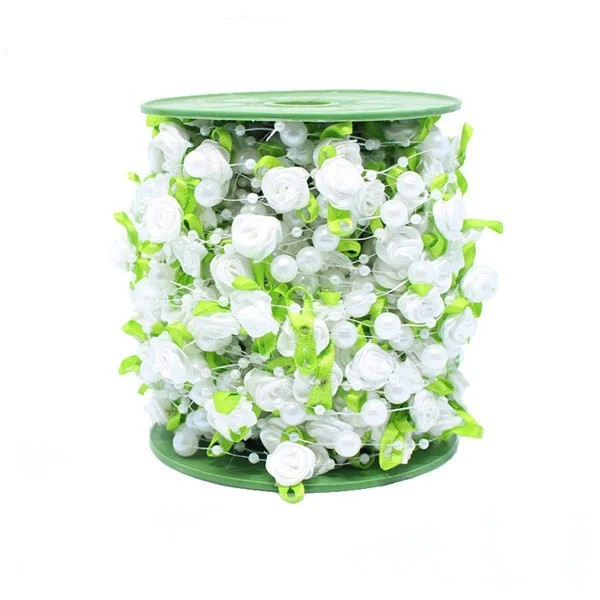 Ruban avec des roses et des perles 3 cm x 2 m Ruban en dentelle décoratif Décoration de mariage vintage Ruban élégant pour cadeaux Ruban textile décoratif blanc