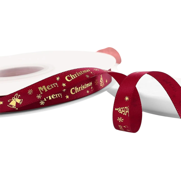 Ruban décoratif de Noël 1 cm x 5 mètres rouge avec l'inscription dorée Merry Christmas Veselé Vánoce et des étoiles pour l'emballage cadeau bordeaux
