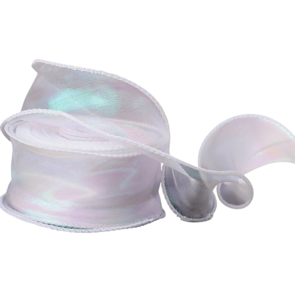 Ruban réfléchissant arc-en-ciel avec bord ondulé 4 cm x 9 m Ruban décoratif brillant pour cadeaux Ruban ornemental pour emballage Décoration de Noël Création manuelle blanc