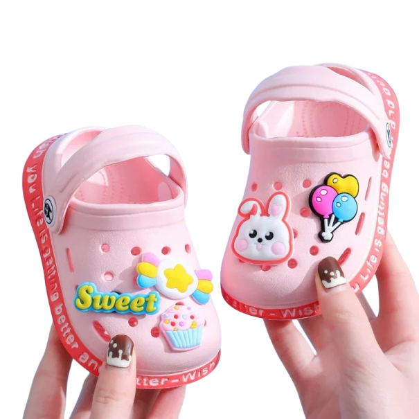 Rubberen kinderpantoffels met 3D-konijn- en snoepversieringen Ademende pantoffels met gaten en rugband Lichtgewicht pantoffels voor de kleuterschool en buiten roze 28