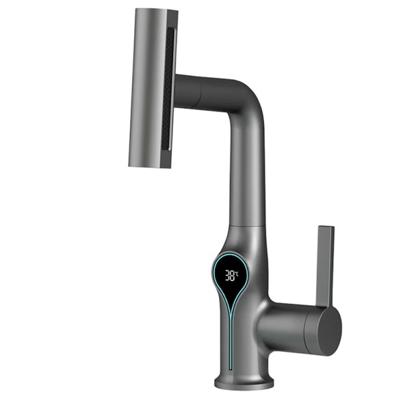 Rubinetto da lavabo con display digitale della temperatura Rubinetto a cascata con spruzzatore Acqua calda e fredda Bagno moderno grigio