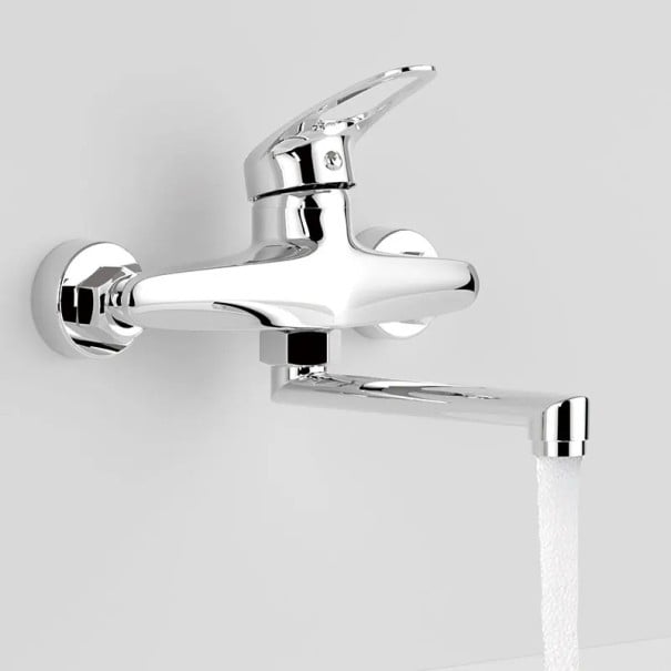 Rubinetto da parete monocomando miscelatore per acqua calda e fredda con beccuccio girevole 18 cm per bagno, vasca e lavello argento
