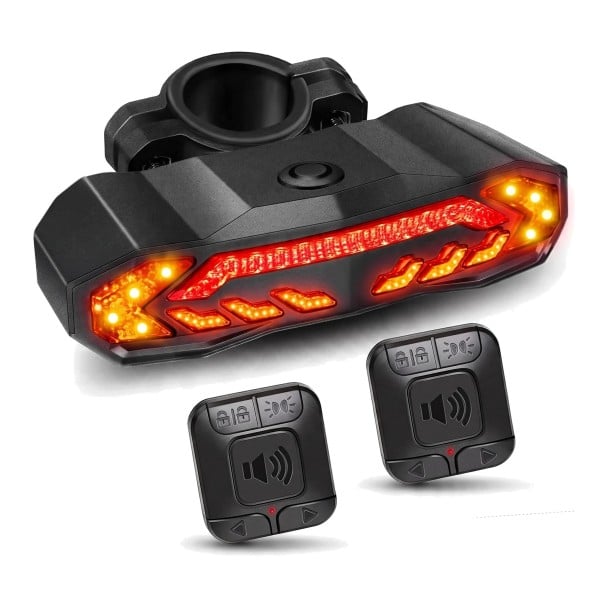 Rücklicht für Fahrräder mit Blinker und Alarm 110 dB 2 quadratische drahtlose Fernbedienungen Bremslicht USB-C 2000 mAh IPX6 Für die Sattelstütze 1
