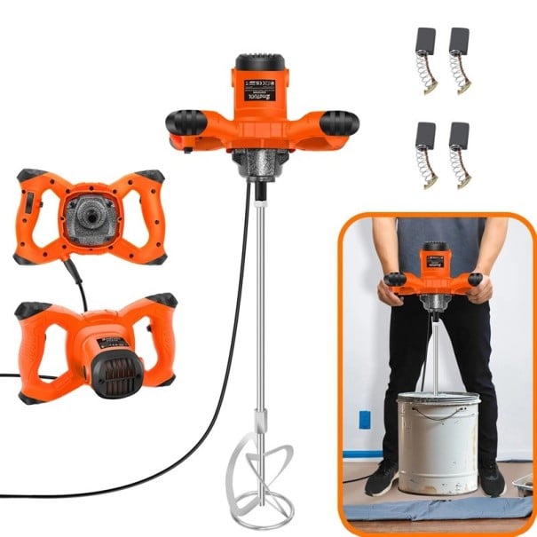 Ruční elektrický míchač barev a malty 2600 W s 6 stupni otáček do 1700 ot./min a míchadlem 12 cm s uchycením M14 v oranžovém provedení 1