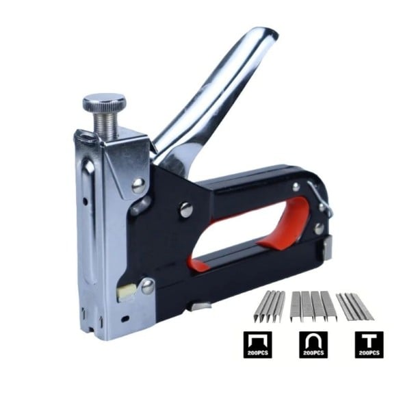 Ruční hřebíkovačka 3v1 lehká 600 ks sponek 15,8 × 11,7 × 11 cm mechanická černo oranžová nástroj pro dřevo kutilství 1