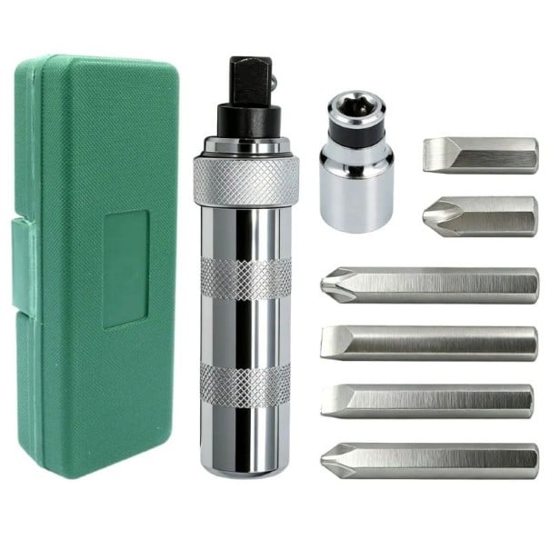 Ruční rázový šroubovák sada 7 ks oboustranné bity přenosné provedení kovové nářadí zelené pouzdro pro opravy a povolování šroubů 1