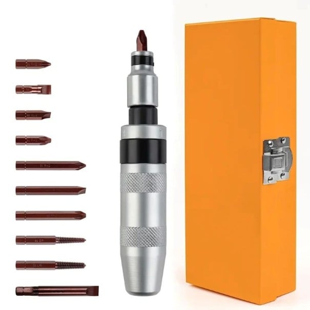 Ruční rázový šroubovák sada oboustranné bity 12 ks kovové provedení oranžové pouzdro pro povolování šroubů a domácí opravy 1