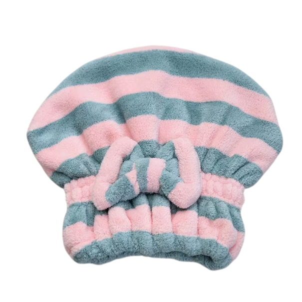 Ručník na vlasy ve formě čepice pruhovaný 25 x 27 cm fleece rychleschnoucí savý turban na vlasy pro použití po koupání i sprchování modro-růžová