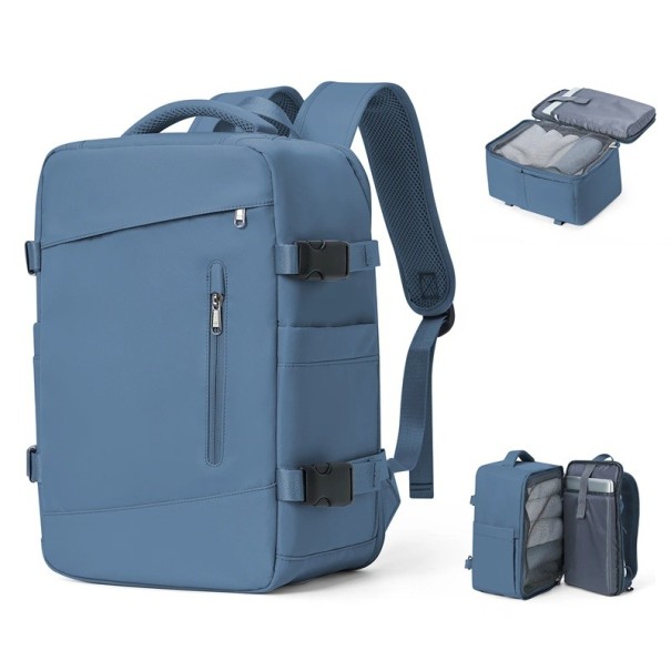 Rucsac de voiaj din nailon impermeabil 40 x 20 x 25 cm Buzunar impermeabil Buzunar lateral pentru sticla Fermoar dublu Bagaj de avion Geanta de mana albastru