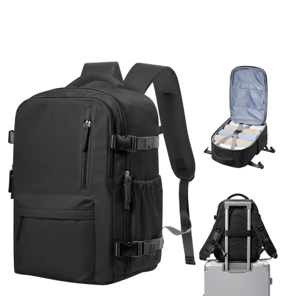 Rucsac de voiaj din nailon rezistent la apa 40 x 28 x 17 cm Buzunar impermeabil Fermoar dublu Buzunar lateral pentru sticla Rucsac negru