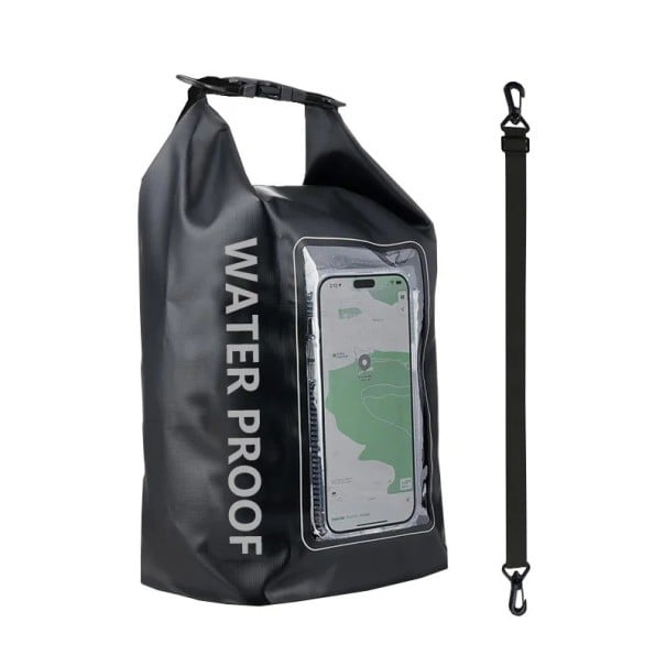 Rucsac impermeabil 5l PVC 40×20×12,7 cm cu buzunar tactil pentru telefon mobil pentru înot, caiac, rafting, drumeții, surfing negru
