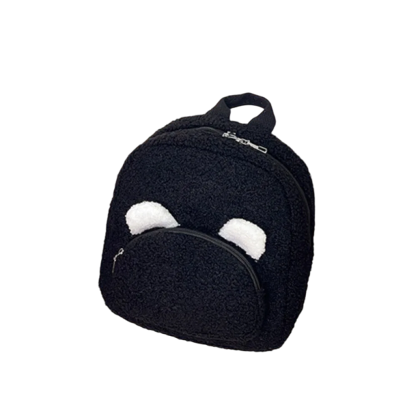 Rucsac mini de pluș 27 x 23 x 10 cm cu urechi de urs Buzunar frontal cu fermoar Rucsac drăguț pentru copii Rucsac moale pentru excursii și grădiniță negru