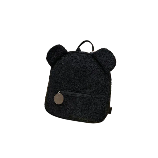 Rucsac mini de pluș 27 x 28 x 13 cm cu urechi de urs Buzunar frontal cu fermoar Material moale de pluș Rucsac pentru copii Accesoriu drăguț negru
