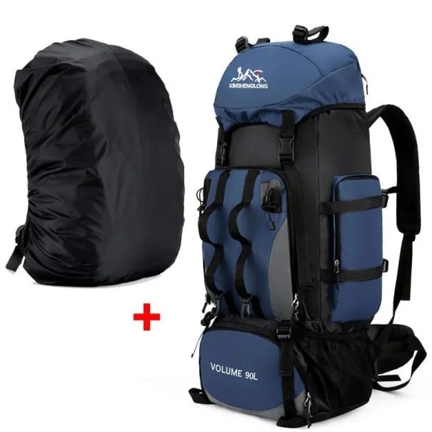 Rucsac turistic cu capacitate mare de 90 l cu pelerină de ploaie Curele de prindere 85 x 35 x 20 cm Buzunar lateral și centură de șold albastru