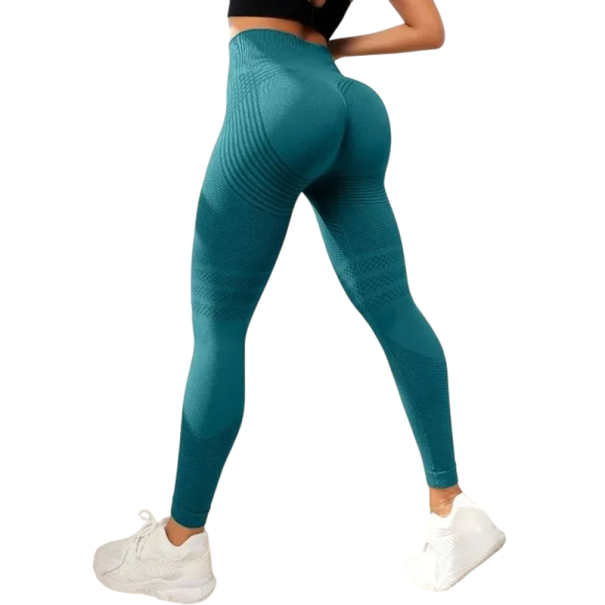 Rugalmas, varrásmentes női sportnadrág magas derekúval. Feszes, bokáig érő leggings. Formázó fenék. Lélegző és könnyű. türkiz S