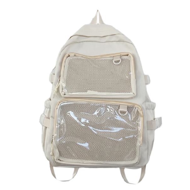 Rugzak 44 x 30 x 14 cm met transparante zakken Verstelbare gewatteerde schouderbanden Interne en externe opbergruimtes Schoolrugzak Reistas beige