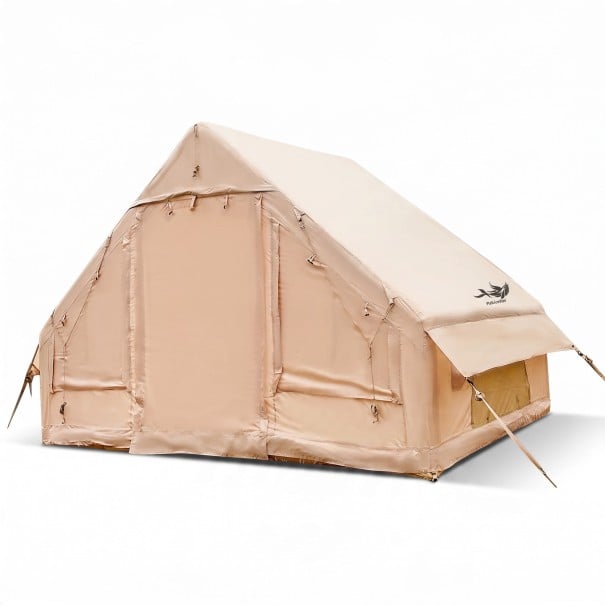 Rummelig oppustelig camping telt i husform 300 x 210 x 200 cm Med pumpe og taske til transport Beige Til camping og ture i naturen 1