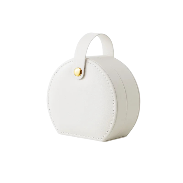 Rund mini smykkeskrin med organizer til ringe og halskæder 9 × 10 × 5 cm i kunstlæder farvet opbevaringsboks til små smykker hvid