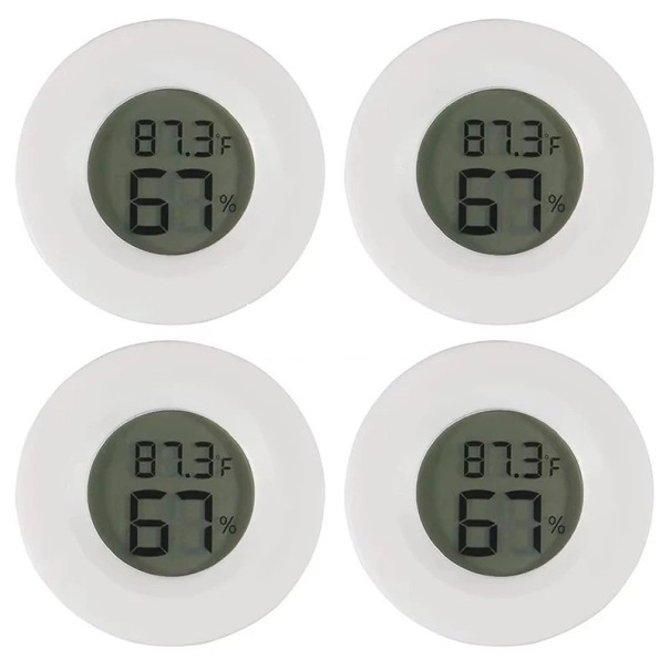 Rundes digitales Thermometer mit Hygrometer Ø 45 mm °C/°F-Umschaltung LCD-Anzeige LR44-Batterie Innentemperatur- und Luftfeuchtigkeitsmessung 4er-Set weiß