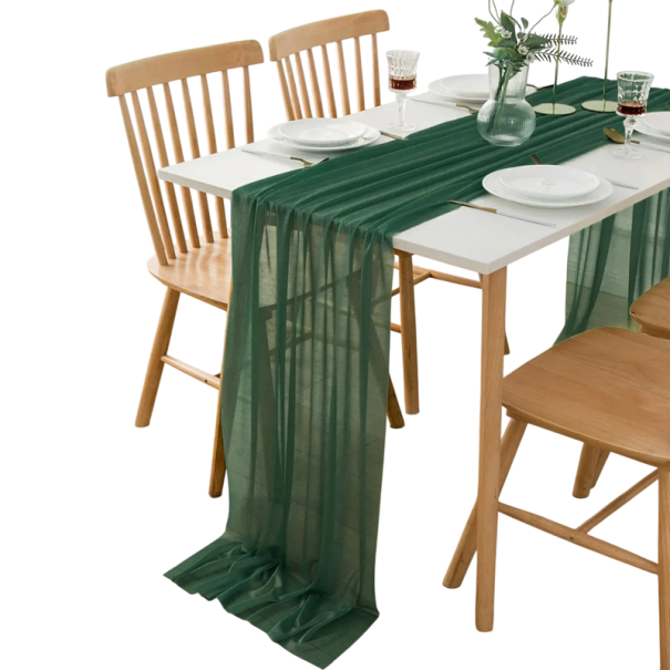 Runner in chiffon per tavolo 75x300 cm Tessuto in poliestere trasparente decorazione per matrimonio stile boho festa di compleanno arco nuziale copertura sospesa verde scuro