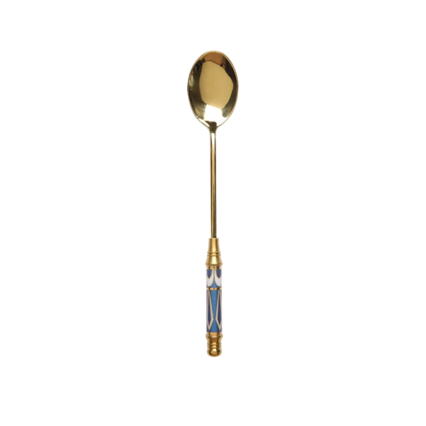 Rustfri dessertske med lang håndtag Guld te ske med blå-guld håndtag 1