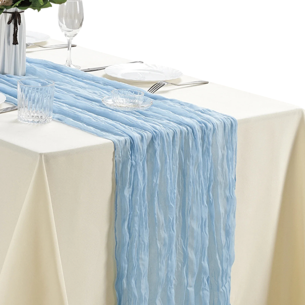Rustikaler Tischläufer aus halbtransparentem Gaze-Stoff 90x180 cm Polyester dekorativer Tischläufer für Hochzeit Bankett Party festliche Tische hellblau