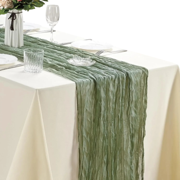 Rustikální ubrus z plátěné poloprůhledné gázové tkaniny 90x400 cm Polyesterový dekorativní ubrus na svatbu banket večírek rozlučku slavnostní tabuli zelená