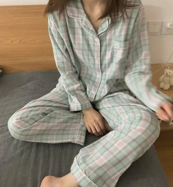 Rutig pyjamas för kvinnor P2663 grön XS