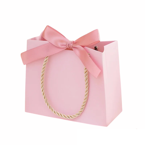 Ružová papierová darčeková taška s farebnou mašľou 10,5x8,3x7,2 cm papier povrázkové ucho dekoračné balenie na dary ružová