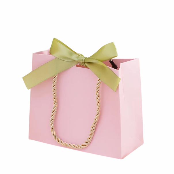 Růžová papírová dárková taška s barevnou mašlí 10,5x8,3x7,2 cm papír provázkové ucho dekorativní balení na dárky zelená