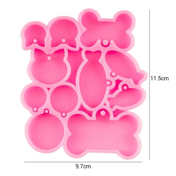 Růžová silikonová forma mix tvarů 11,5 x 9,7 cm ryba kost kočka ovál kolečka na odlévání pryskyřice výrobu přívěsků klíčenek a ozdob 1