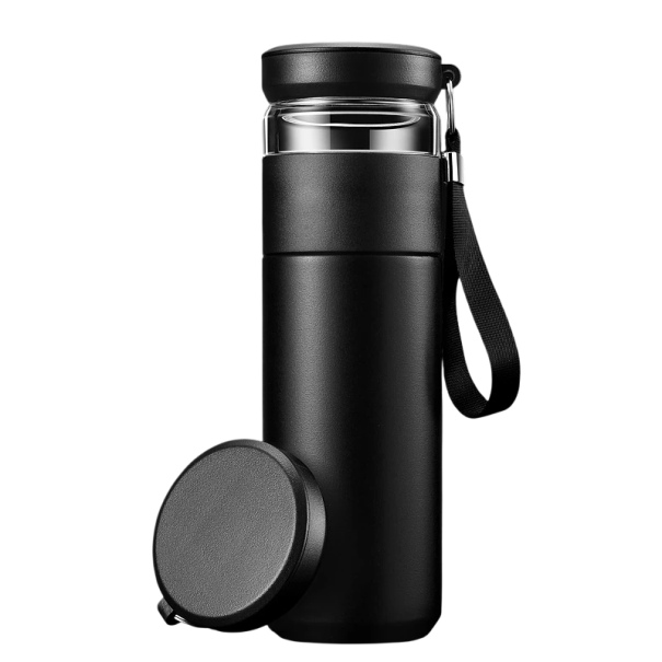RVS theefles met infuser 500 ml vacuüm thermosfles 22 x 6,8 cm geïsoleerde reisfles voor losse thee met handvat zwart