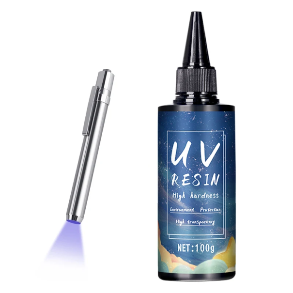 Rychleschnoucí UV pryskyřičné lepidlo 100 g Průhledná kapalina pro šperky DIY Pryskyřice s vysokou tvrdostí Mini UV LED lampička Fialová baterka 1