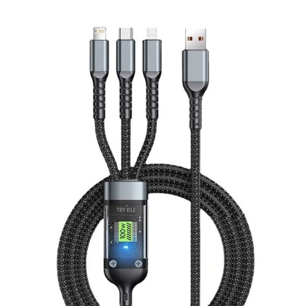 Rýchlonabíjací kábel 3v1 micro USB, USB-C a Lightning 100 W 120 cm 1