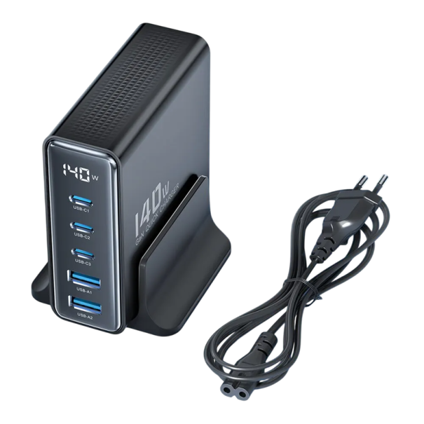 Rýchlonabíjačka 140W USB GaN adaptér 2× USB A a 3× USB C s LED displejom EU zástrčka nabíjanie viacerých zariadení súčasne kábel v balení čierna