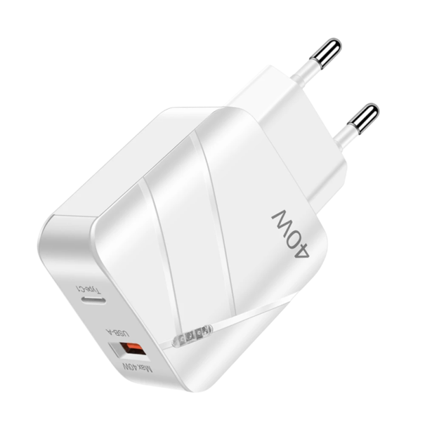 Rýchlonabíjačka 40W s USB C a USB A porty EU zástrčka adaptér PD a QC 3.0 nabíjačka pre rýchle nabíjanie 12V/2,1A sieťová nabíjačka 100–240V biela