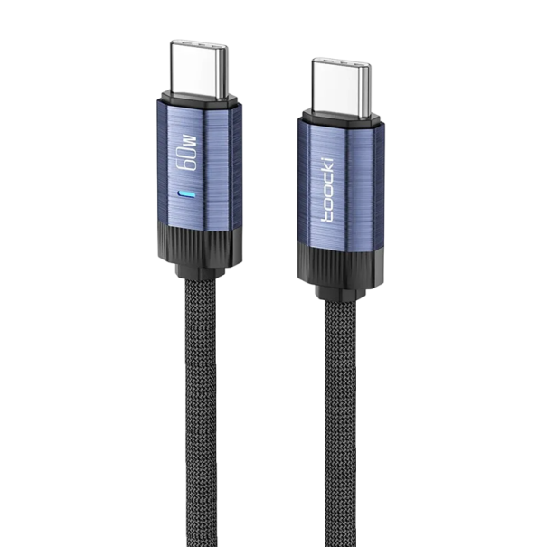 Rychlonabíjecí duální USB C kabel 2 m 60W PD3.1 super rychlé nabíjení LED světlo přenos dat 480 Mb/s USB 2.0 48V 5A synchronizační kabel modrá
