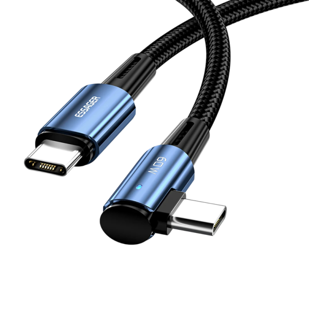 Rychlonabíjecí kabel USB C na USB C 1 m 60W 90° kolenní konektor PD QC4.0 LED světlo přenos dat 480 Mb/s ohebný kabel pro nabíjení modrá