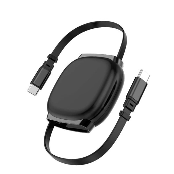 Rychlonabíjecí zatahovací kabel 2x USB-C 100 W délka 100 cm kompaktní mechanismus pro nabíjení zařízení a přenos energie černá