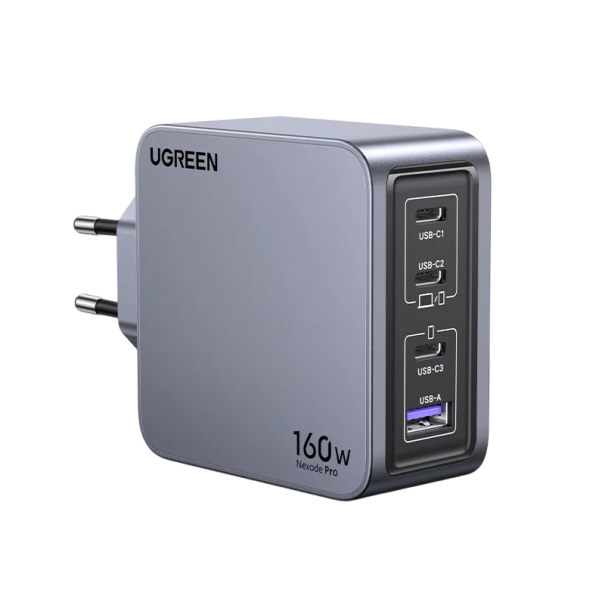 Rychlonabíječka 160W GaN 4 porty 3x USB-C 1x USB-A EU zástrčka šedá pro telefon tablet notebook rychlé nabíjení 1