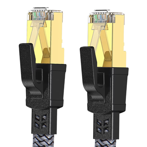 Rychlý 40Gbps LAN internetový kabel CAT8 3 m plochý nylonový opletený RJ45 stíněný černo-žlutý pro PC, router a modem 1