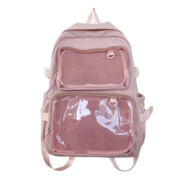 Ryggsäck 44 x 30 x 14 cm med genomskinliga fickor Justerbara vadderade remmar Interna och externa förvaringsutrymmen Skolryggsäck Resväska rosa