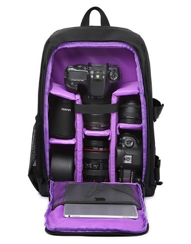 Rygsæk til DSLR-kamera og objektiver med rum til bærbar computer 15,6 tommer Stativfastgørelse Vejrbestandig 30 x 43 x 15,5 cm lilla