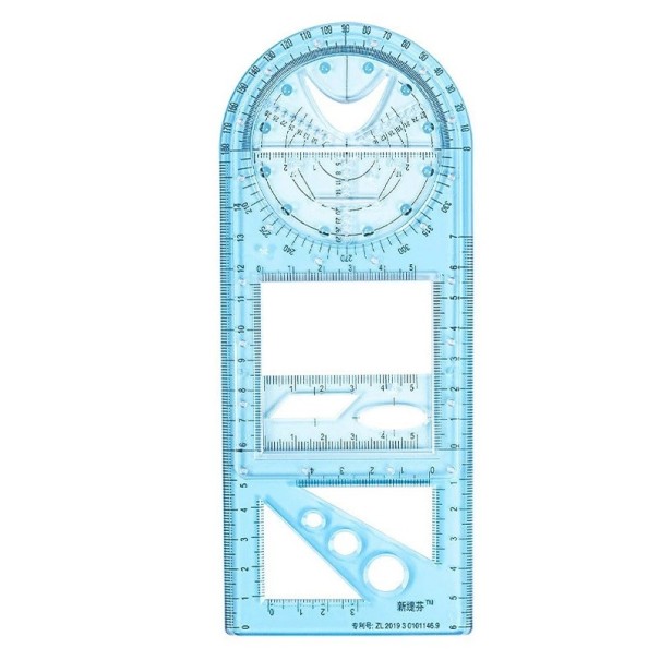 Șablon de desen pentru riglă de desen geometrică multifuncțională pentru școlari Instrument multifuncțional de măsurare și desen albastru