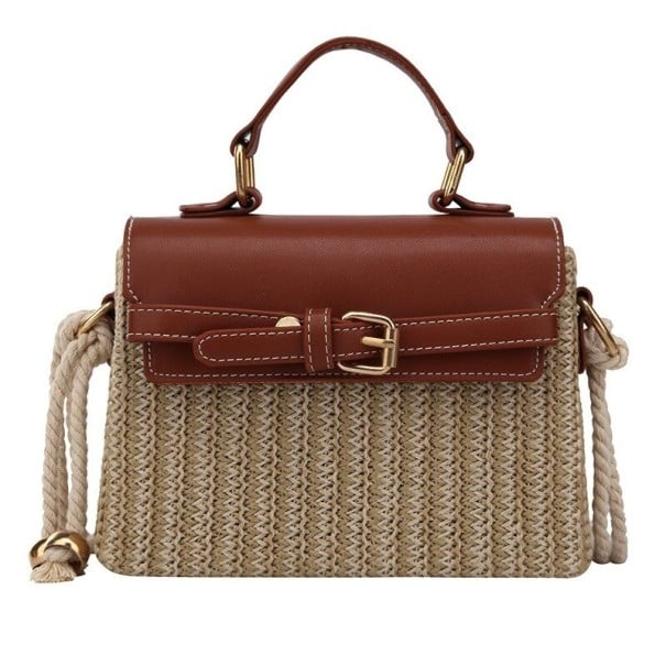 Sac à bandoulière pour femme en paille tressée et cuir PU Petite sacoche avec anse et sangle en corde Rabat avec boucle décorative 19,5 x marron foncé